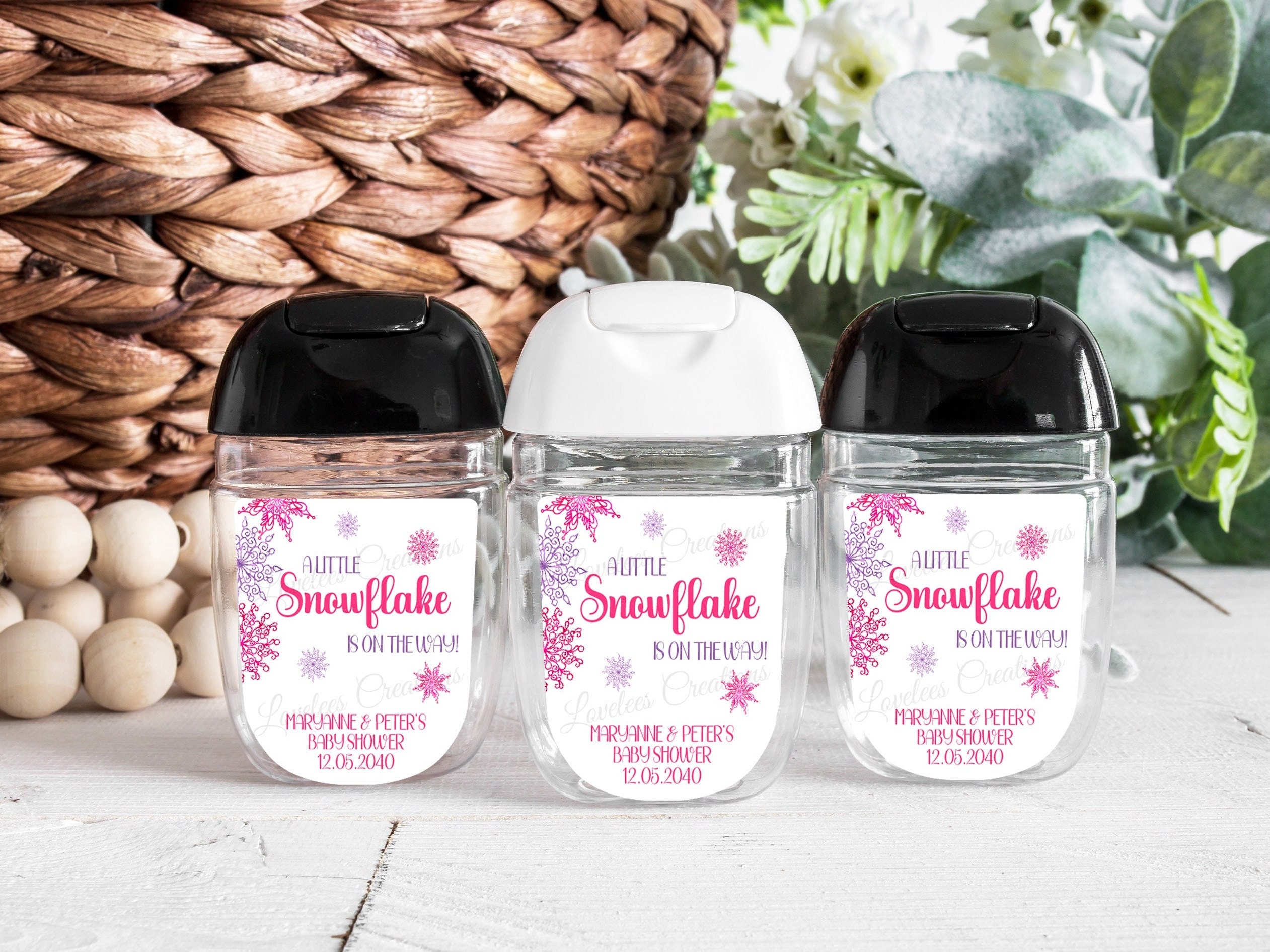 A Little Snowflake is on the Way Sanitizer Sticker, Pink Snowflake Baby Shower Sanitizer Label, Winter Shower Favor, Sanitizer Baby Favor