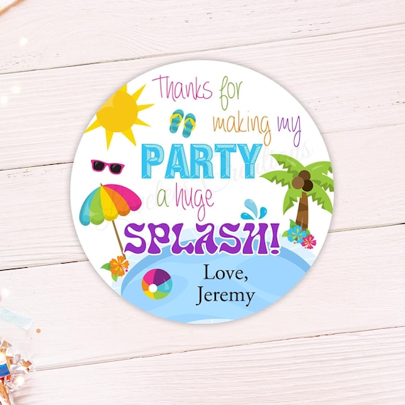 Pool Party Thank You Stickers | Summer Birthday Favor Labels, Custom Name Tags, Swim Party, Splash Party, Goodie Bags, Treat Bag Stickers