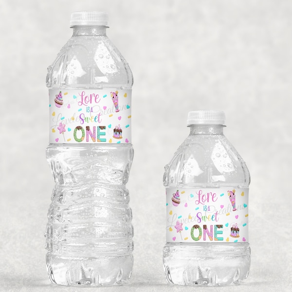 Sweet One Personalized Water Bottle Wrapper, First Birthday Custom Party Favor Water Bottle Labels, Cupcake ice cream candy Birthday labels