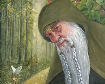 The Merlin - Prophet of the woods - 6.5"x12.5" digital print on gloss card 1/2" border