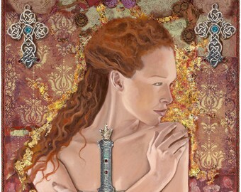 May include: A painting of a woman with long red hair holding a sword across her chest. She is wearing a red dress with a floral pattern. The background is a collage of gold and red with a Celtic cross on each side.