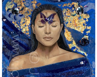 Indigo Dreams (Goddess Chakra Series) - Digitale print 6,5 x 12,5 inch op glanskaart - 1/2 inch rand