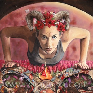May include: A painting of a woman with a red flower crown and ram horns, looking down at a ram's head with flames coming out of it. The ram's head is made of a collage of images and text. The words "Brave", "Determined", "Focused", "Aries", "Strong", and "Disciplined" are written below the ram's head.