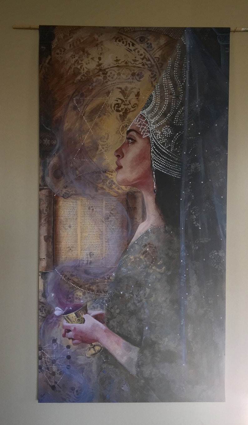 A wall hanging titled 'The High Priestess - Guardian of the Mystery - Wisdom,' featuring a detailed embroidered depiction of the tarot card.