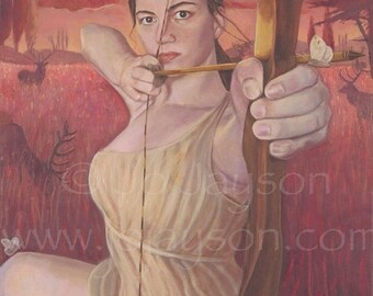 ON SALE Wall Hanging Artemis Maiden of the Hunt -22"x44" pockets for poles/dowels at top and bottom