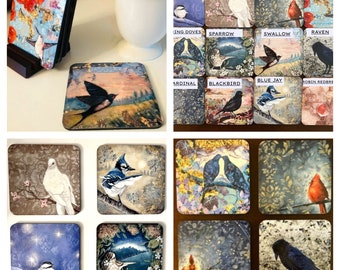 Coasters - Bird Coasters, set of 4 unique bird images with stand.