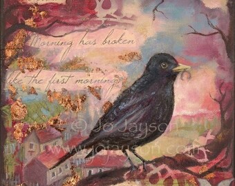 ON SALE Blackbird - Fine Art giclee Print on Canvas 7x7 - limited signed edition