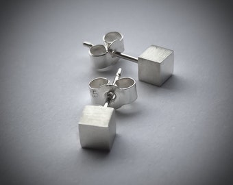 Tiny Geometric Sterling Silver Stud Earrings: Cubes.  UK Handmade