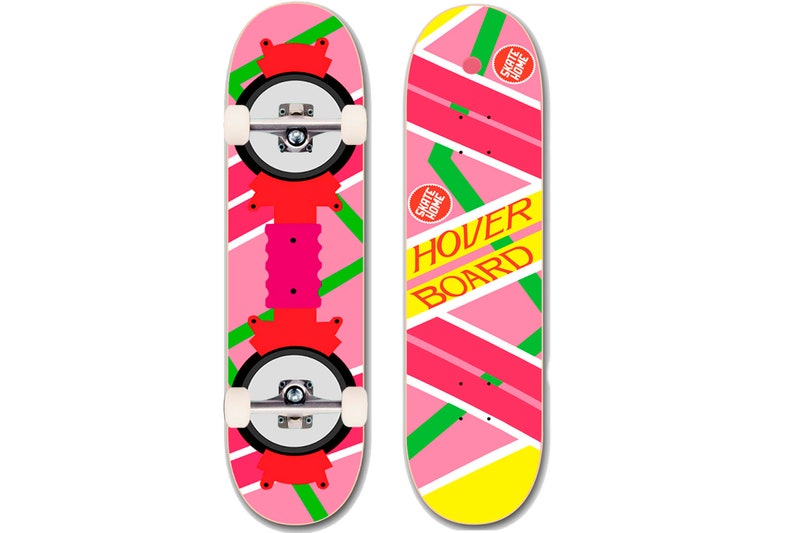 May include: A pink and green skateboard with the words "Hover Board" printed on it. The skateboard has a red and white design with a black and white wheel.