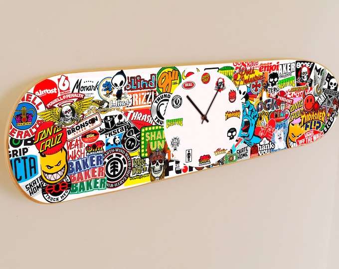 Skateboard Stickers Wall Clock, Original gift skateboarders & unique piece of skateboard decoration
