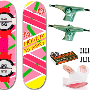 May include: A pink and yellow skateboard with the words "SKATE HOME" and "HOVER BOARD" printed on it. The skateboard comes with trucks, wheels, bearings, and hardware. It also includes a sheet of grip tape.
