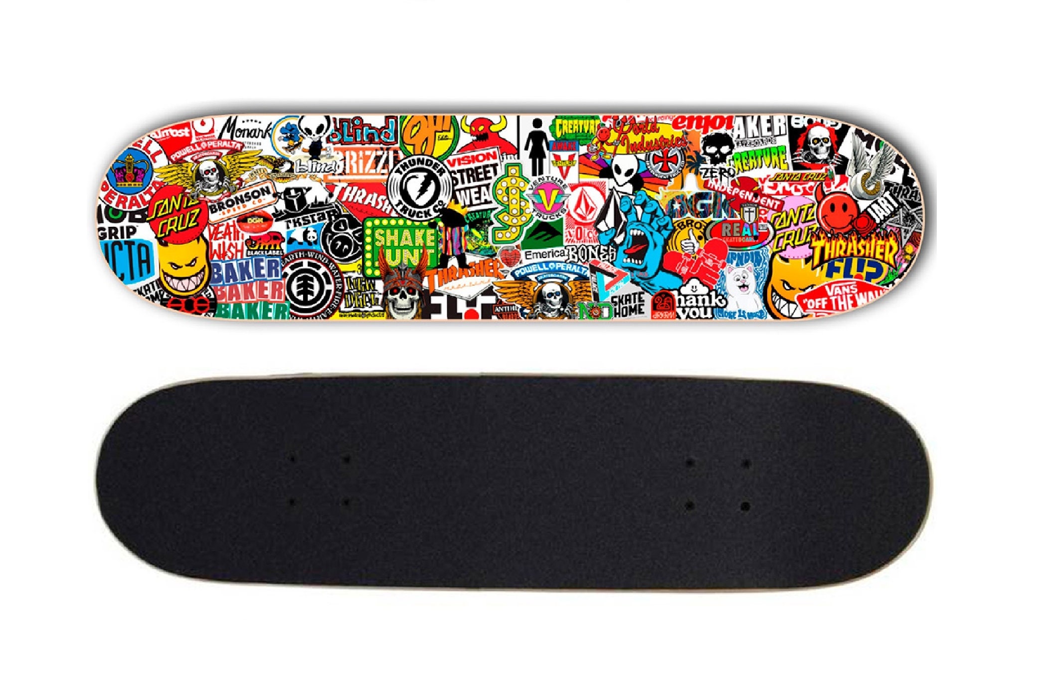 Skateboard Deck With Images of Stickers From the Best Skateboarding Brands  