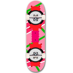 May include: A pink skateboard with green and white stripes and red trucks. The skateboard has black wheels.