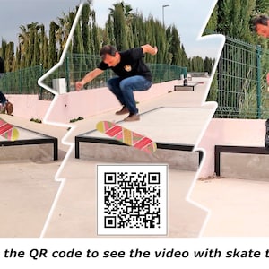 May include: A skateboarder performs a trick on a ramp at a skate park. A QR code is in the center of the image. Scan the QR code to see the video with skate trick.