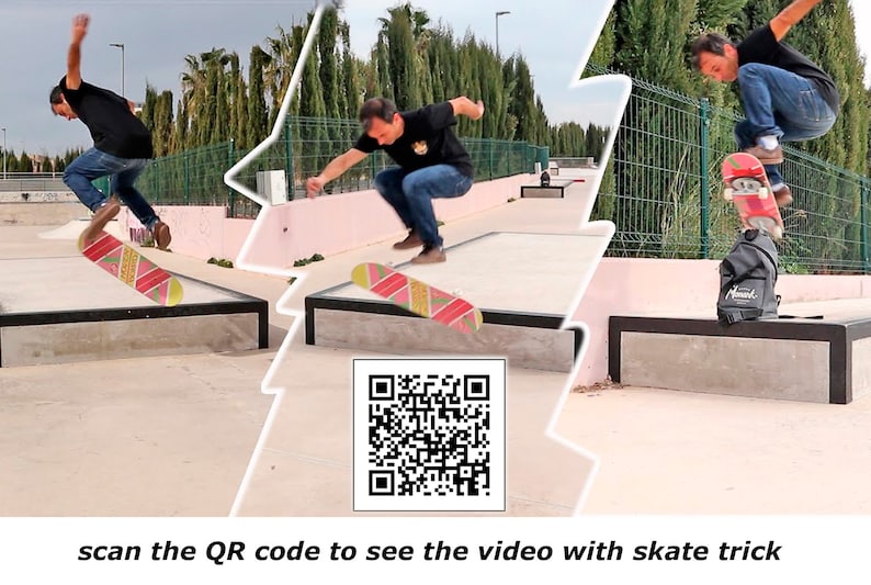 May include: A skateboarder performs a trick on a ramp at a skate park. A QR code is in the center of the image. Scan the QR code to see the video with skate trick.