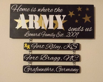 Home is Where the Army Sends Us (black/gold) - Army Vinyl Sticker Sign on Solid Wooden Board Military Patriotic