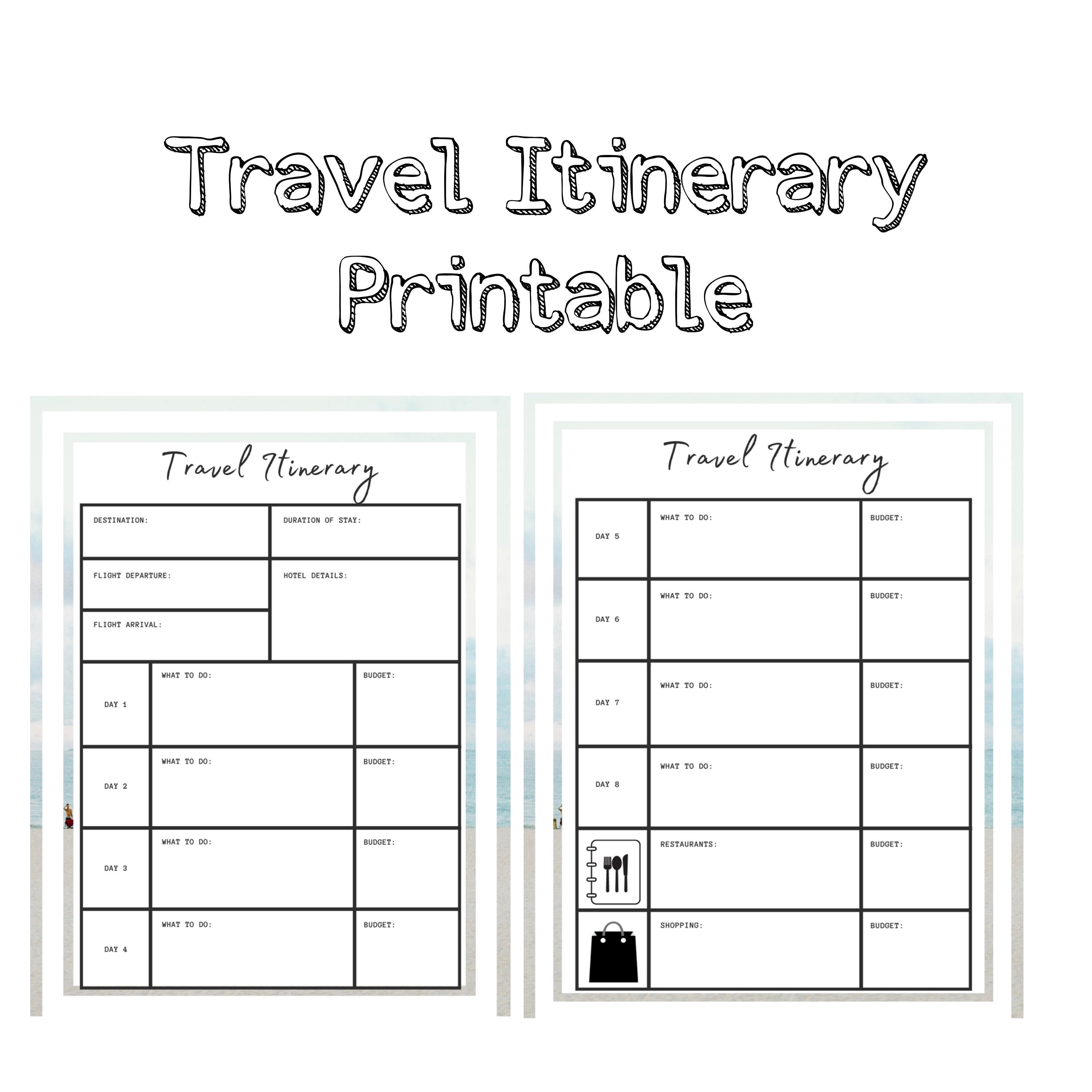 Travel Itinerary Printable Instant Download Etsy