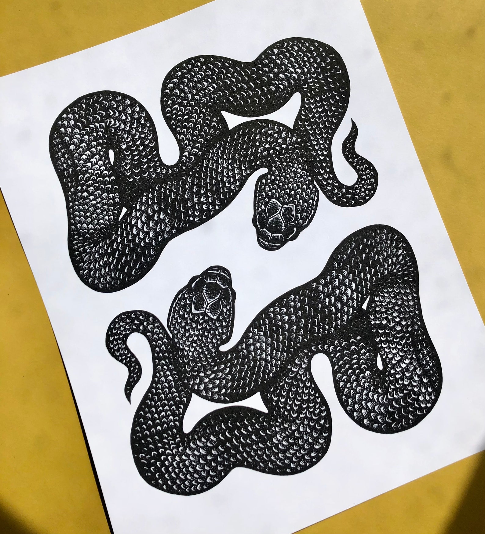 Twin Snakes Original Linocut/Letterpress Print / Cottonmouth Etsy