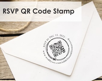 RSVP QR Code Stamp in Self-inking or Wood Rubber Stamp, rsvp your website stamp, round qr code label stamp, wedding qr code stamper CS-10483