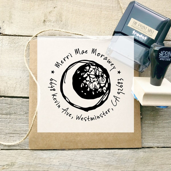 Moon Stamp for Address, Custom Address or Business Modern Moon Rubber Stamp, Self-inking or Rubber Stamp Sketch Moon Stamp- 10157