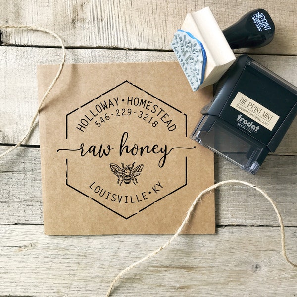 Raw Honey Labels Stamp - Honey Labels For Jars Rubber Stamp - Local Honey Labels - Honey Stamper - Custom - Backyard Bees Beehive CS-10351
