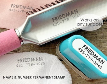 Name & Phone Number Stamp for Clothing, Permanent on Any Surface or Fabric, Personalized Clothing Labels Stamp, Self-inking Q41n