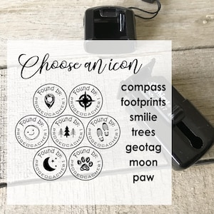 May include: A black stamp with the text "Choose an icon" and several circular stamps featuring icons like a compass, footprints, and a smiley face. The stamp also includes a list of icon options.
