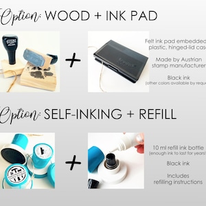 The image is a comparison of two options for creating custom ink pads: a wooden option and a self-inking option with a refillable ink bottle.