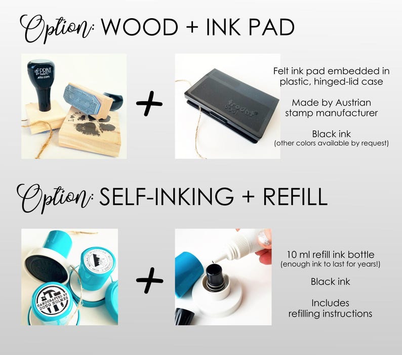 The image is a comparison of two options for creating custom ink pads: a wooden option and a self-inking option with a refillable ink bottle.