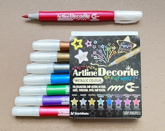 Metallic Markers, Brush Marker Tip,Set of 8 Colors, Artline Decorite, Wet-Erase on Plastic and Glass, Artline Brush Markers, Metallic Ink