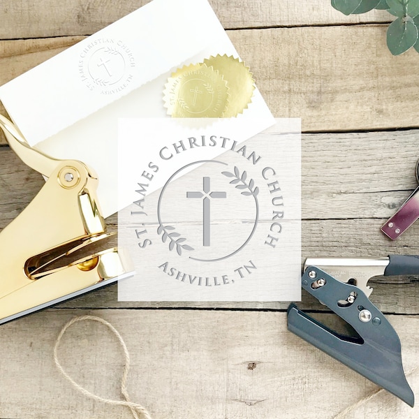 Church Seal Embosser, Custom Church Stamp Embossing Seal Press, Cross Christian Religious Embosser, Church Name, Minister Gift CS-10427