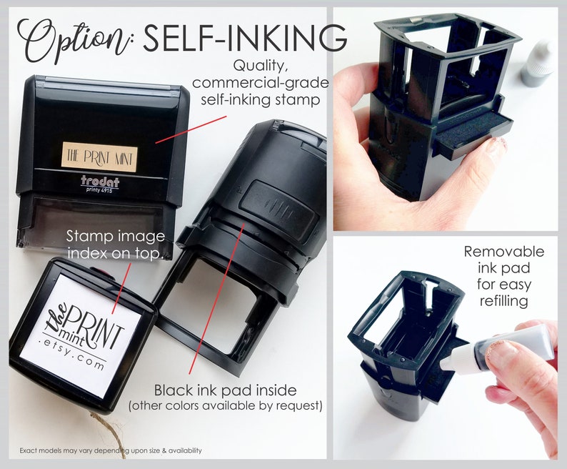 May include: A black self-inking stamp with the text "THE PRINT MINT" and "etsy.com" on the stamp. The image shows the stamp's features, including a removable ink pad for easy refilling. The stamp is commercial-grade.