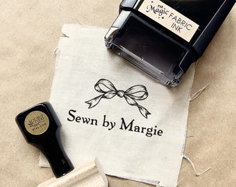 Sewn by (Name) Fabric Stamp for DIY Sewing Project Labels,  Permanent Textile Ink, Washproof Clothing Tag with Bow (Self-Inking or Wood)