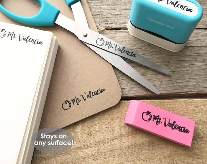 Teacher Name Stamp with Permanent Ink for Any Surface- Paper, Plastic, Metal, Fabric Personalized Stamper