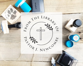 Church Book Stamp, Wood or Self-inking, Personalized Pastor Gift, Minister Appreciation, Religious Library Rubber Stamp CS-10428