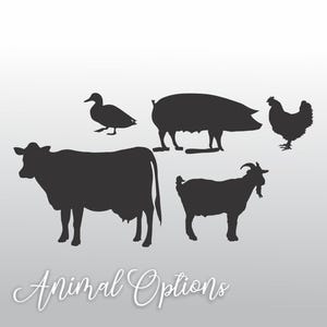 silhouettes of a cow, duck, pig, chicken, and goat, arranged in a group.