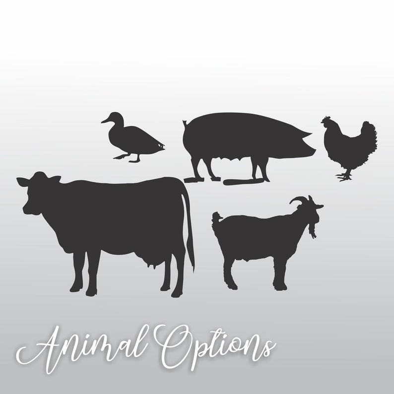 silhouettes of a cow, duck, pig, chicken, and goat, arranged in a group.