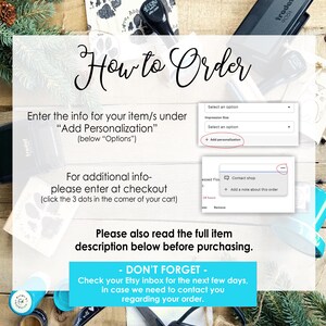 The image is a step-by-step guide on how to order items, including information about adding personalization, contact shop, and reading the full item description. It also provides instructions on checking the eBay inbox for the next few days and contacting the seller regarding the order.