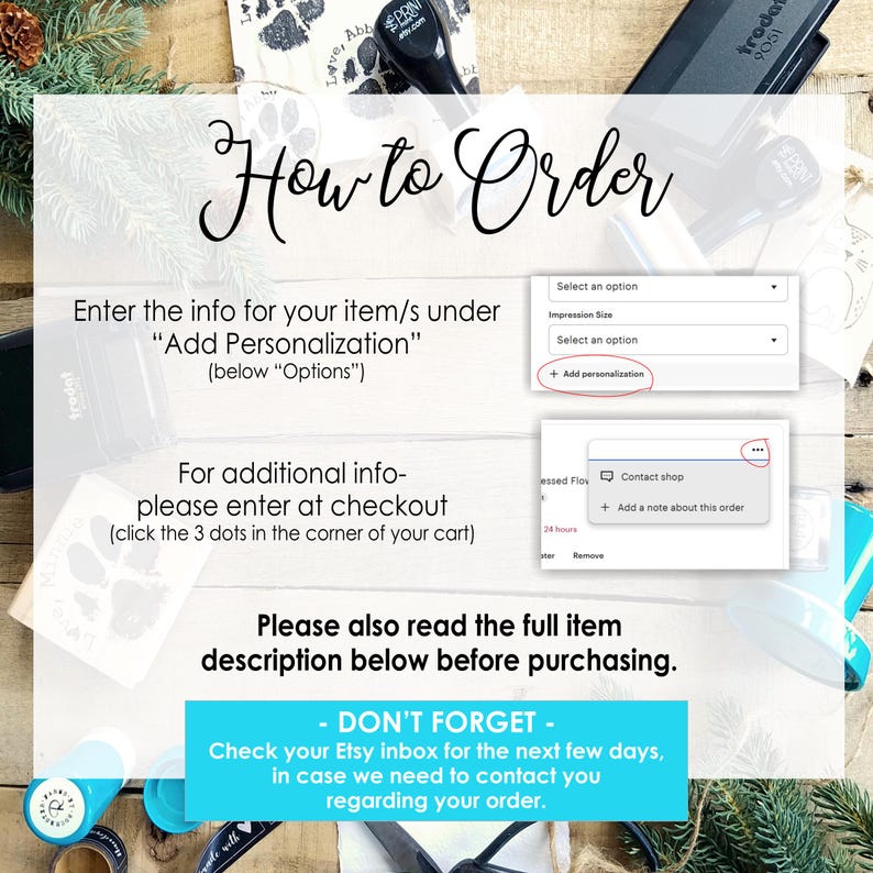 The image is a step-by-step guide on how to order items, including information about adding personalization, contact shop, and reading the full item description. It also provides instructions on checking the eBay inbox for the next few days and contacting the seller regarding the order.