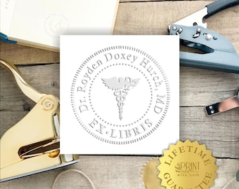Doctor Book Embosser, Medical Personalized Book Embosser, Nurse Library Embossing Stamp, Caduceus Embosser, Custom Bookplate CS-10479