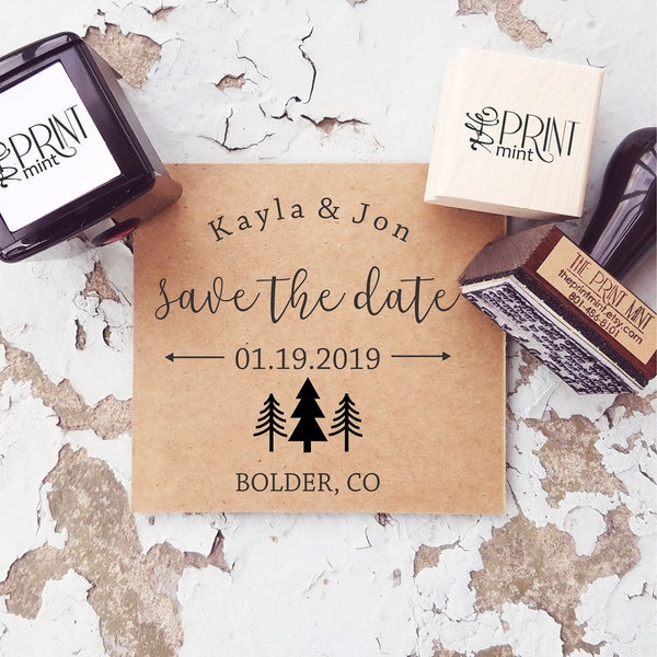 Save the Date Stamp Mountain Wedding Favors, Personalized Adventure Stamp, Custom Forest  Rubber Stamp, Wonderlust Woodsy Wedding  CS-10302