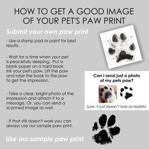 diagram showing steps for getting a good paw print impression with paint or ink.  Shows a few examples of paw prints that could be used for rubber stamps