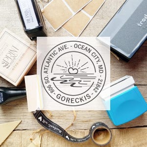 Carimbo de endereço para o oceano, carimbo de borracha personalizado para praia, carimbo de endereço para lago, endereço de retorno, carimbo autoentintado para litoral, CS-10321
