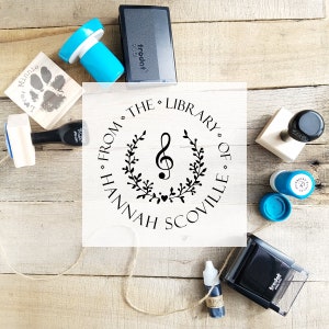 Music Library Stamp, Music Belongs To Self-Inking or Rubber Stamp, Music Stamp, Piano Teacher Gift, Round Teacher Book Stamp Music CS-10299
