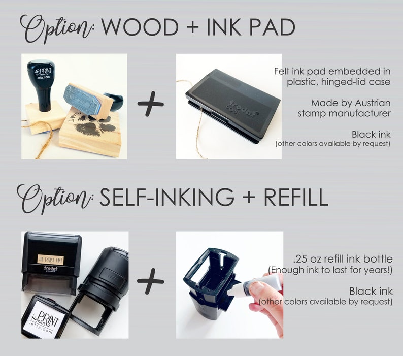 May include: Image showcasing two stamp options: wood with ink pad and self-inking with refill. The wood option includes a black stamp and ink pad. The self-inking option features a black stamp and a refill bottle with black ink. Text on the image includes "Option: WOOD + INK PAD" and "Option: SELF-INKING + REFILL".