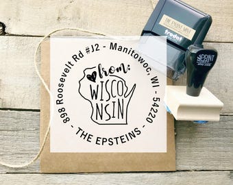 Wisconsin Return Address Stamp in Self-Inking or Wood, Custom Love From Wisconsin Rubber Stamp, Made in Wisconsin With Love  CS-10331