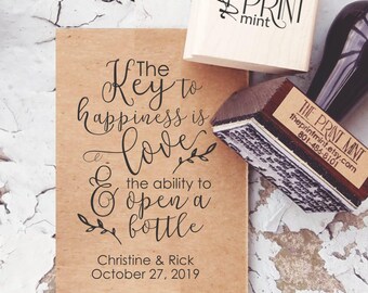 Key Wedding Favors Tag Rubber Stamp, Love and An Open Bottle, Rustic Wedding Favors, vintage Keys Stamp, Key Bottle Opener Tags 10320