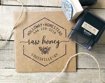 Etiketten rauwe honing - honinglabels voor potten Rubberstempel - lokale honinglabels - honingstempel - aangepast - achtertuin bijenbijenkorf CS-10351