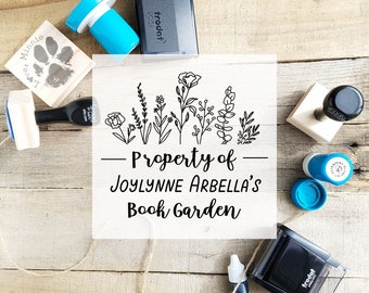 Floral Book Stamp, Personalized Library Label Rubber Stamp, Book Name Stamp with Flower Garden, This Book Belongs To, Library- CS-10459