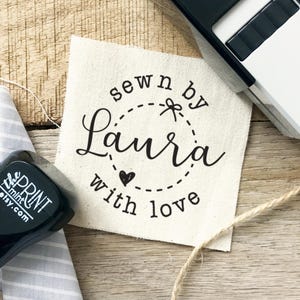 Personalized Fabric Stamp, Sewn By Tags Fabric Stamp, Permanent Fabric Ink or Self-inking, Made By Quilt Sewing Labels Stamp CS-10382s image 1